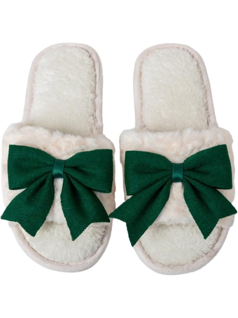 Women Green Fuzzy Bow House Slippers Memory Foam Slides Open Toe Plush Fleece